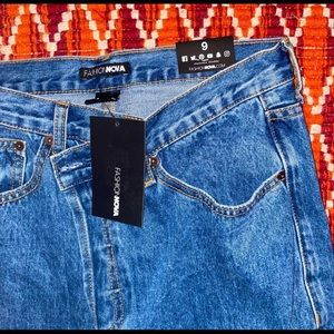 Fashion Nova crossover waist jeans.